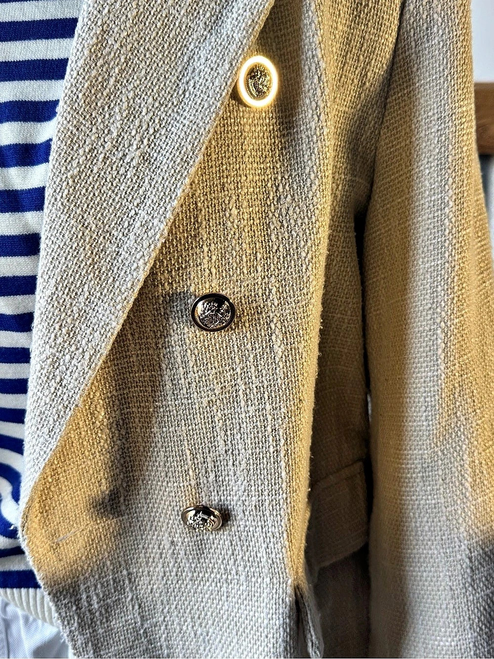 Cream Tweed Double Breasted Gold Button Blazer and Blue Striped Sweater - Picture 5 of 11